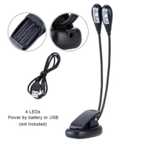 Dual Flexible Double Flex Goosenecks 4 LEDs Piano Music Stand Book Lights Reading Lamp Clip-on Table Desk Lamp USB/AAA Operated