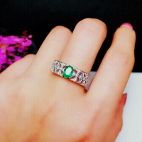 簡約復古時尚S925純銀度K金鑲嵌寶石戒指女 天然祖母綠彩寶綠寶石