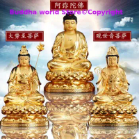 3PCS High grade XI FANG SAN SHENG gilding Buddha statue Amitabha Guanyin Mahasthamaprapta HOME shrine Efficacious protection