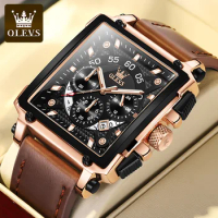 OLEVS 9919 Original Quartz Watch for Men Leather Strap Big Dial Square Waterproof Chronograph Sport Clock Male Relogio Masculino