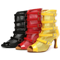 JuseDanc Women Dance boots ladies Winter Boots Black Salsa Dance Shoes High Heel Ankle Boots Custume Shoes Yellow Tango Shoes