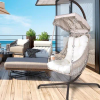 Swing Egg Chair with Stand, UV Resistant Cushion Foldable Frame Wicker Hanging Chairs with Cup Holder Hammock Chairs, Egg Chair