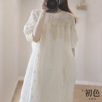 初色 日系圓領蕾絲花邊刺繡短袖連身洋裝-米白色-32884(M-2XL可選)
