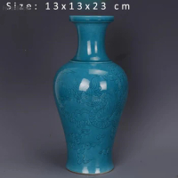 Table Vase Teal Chinese Porcelain Dragon Vase Narrow Engraved Fishtail Bottle Handmade Imitation Vintage Flower Vase Ceramic
