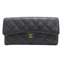 【二手名牌BRAND OFF】CHANEL 香奈兒 黑色 菱格紋 皮革 扣式 長夾
