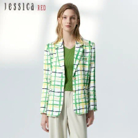 【快速到貨】【Jessica Red】個性時尚抽象格紋單排扣西裝外套824103（綠）