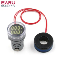 22mm AC 20-500V 0-100A Round Mini Digital Voltmeter Ammeter Amp Volt Voltage Tester Meter Dual LED Indicator Pilot Lamp Light