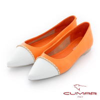 【CUMAR】拚色尖頭鏈條裝飾平底鞋(桔色)