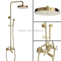 Gold Color Brass Wall Mounted Bathroom 7.7" Round Shower Head + Handheld Shower /Rain Shower Faucet Set Bathtub Mixer Tap Wgf345