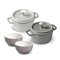 【法國Staub】圓型琺瑯鑄鐵鍋16cm+復古灰陶瓷碗餐碗2件組(德國雙人牌集團官方直營)