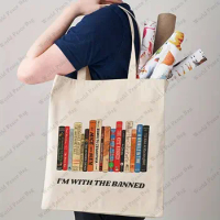 Im with The Banned Book Pattern Canvas Tote Bag, Banned Books Handbag, Literary School Shoulder Bag,gift Bag for Her