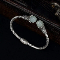 鍍s999銀白玉手鐲女款泰銀復古風開口小眾設計鎏金工藝銀飾手環