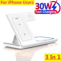 30W 3 in 1 Foldable Wireless Charger Pad Holder Charging Dock Station For iPhone 15 14 13 12 11 Pro MAX Apple Watch 9 8 7Airpods