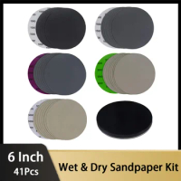 6 Inch Wet &amp; Dry Sandpaper Kit 41 Pcs Assorted Grit 1000-5000 with Interface Pad Waterproof Silicon Carbide for Sanding Grinder