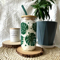 1pc Monstera Leaf Summer Drinking Glasses With Bamboo Lid And Straw Summer Holiday Travel Office Home Gift 16oz