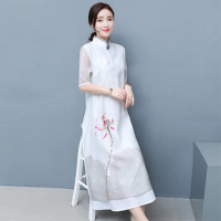 Aodai Cheongsam Chinese Dress 2021 Spring Summer Floral Vietnam Dress for Elegant Women Chinese Traditional Style Qipao Vestidos