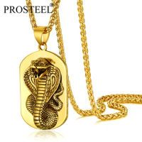 PROSTEEL Raised Coiled Cobra Snake Vintage Dog Tag Pendant Necklace Men Stainless Steel 22inches Link Chain Black/18K Gold