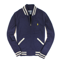 美國百分百【全新真品】Ralph Lauren 外套 RL 夾克 立領 Polo 小馬 條紋 棉質 口袋 深藍 男 S M號