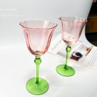 原創復古水晶高腳杯粉色花朵杯高檔玻璃紅酒杯歐式vintage中古杯