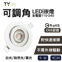 【彩渝】可調角 LED崁燈 9cm 9W-3入組(不需外接驅動 附快速接頭 全電壓 黃光 自然光 白光)