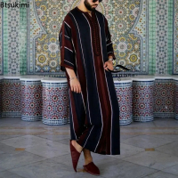 SDKNew 2024 Muslim lelaki Abaya Arab pakaian islam baju longgar jubah Jubba Thobe etnik cetak Arab S