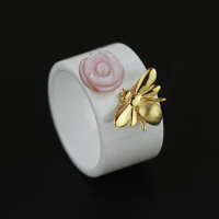 Rose Kisses S925 Sterling Silver Pink Shell Nano Ceramic Bee Ring