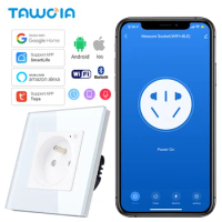 TAWOIA Wifi Wall Sockets French Standard Glass Power Monitor Sockets Electrical Outlet Work With Alexa Tuya Google Home Yandex