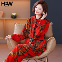 秋冬季女士中老年加絨加厚保暖睡衣珊瑚絨奢華媽媽冬天家居服套裝