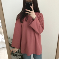 新款韓版長袖T恤女春秋上衣純色寬松百搭中長款學生打底衫1入