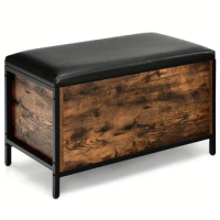 1pc Industrial Storage Bench, Toy Box Storage Chest, Faux Leather Footrest Storage Trunk With Padded Seat, Bed End Stool, Wooden
