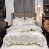 Solid Color Satin Cotton Bedding Set Luxury Golden Feather Embroidered Duvet Cover Bedspread Sheet Pillow shams Home Textiles