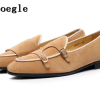 SHOOEGLE Vintage Style Men Casual Shoes Double Monk Strap Brown Buckle Loafers Suede Wedding Party High Quality Dress Shoes Man