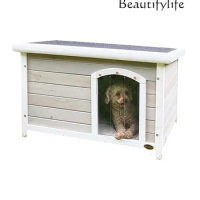 Outdoor Dog House Solid Wooden Small Dog Cat House Flat Roof Teddy Pet Cage Rainproof Outdoor