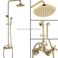 8 inch Round Shower Head Bathroom Wall Mounted Luxury Gold Color Brass Rain Shower Faucet Set + Handheld Shower Mixer Tap Wgf324
