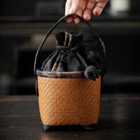 Rattan Pattern Small Bag Square Travel Outdoor Cover Bowl Portable Organizer Owner's Cup Teapot Bag Spliced Drawstring Pocket