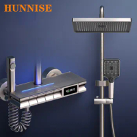 Grey Piano Thermostatic Shower System Hot Cold Digital Bathroom Shower Faucet Ambient Lighting LED Digital Piano Shower Set