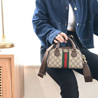 GUCCI 古馳  Ophidia系列經典PVC印花提式斜背兩用保齡球包(駝/棕)