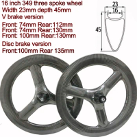 Light 16 Inch 349 Disc Carbon Bike Wheels 3 Tri Three Spokes 16inch Balance Kid Road V Brake Fold Bicycle Clincher Wheelset