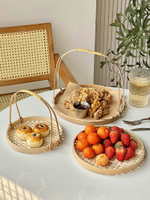 創意手工竹編小竹籃 家用茶點水果糕點托盤 圓形提手多層竹編籃子