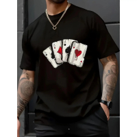 Men's Casual Short Sleeve cotton T-Shirt - Black With White Playing Card Graphic Print, Round Neck, 