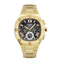 【GUESS】金框 黑面 三眼日期顯示 圓角方型 不鏽鋼錶帶 男錶 手錶 情人節(GW0572G2)