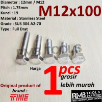 M12x100 Baut Hex Stainless SUS 304 A2-70 Drat 1.75 Kunci 19 M12