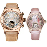 Reef Tiger Aurora Air Bubble Rose Gold Skeleton Dial Mens Watch And Parrot Diamonds Women Set