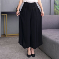 Spot parcel post Middle-Aged and Elderly Cropped Culottes Linen plus Size Culottes Women's Mom Clothing Elastic Waist Loose Cotton and Linen Wide-Leg Pants Summer