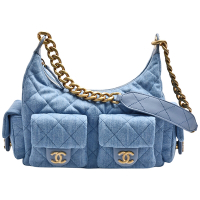 CHANEL 經典HOBO仿舊金屬菱格紋單寧牛仔布手提/肩背流浪包(淺牛仔藍色)