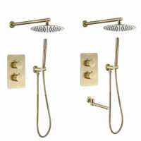 Solid Brass Bathroom Brushed Gold thermostatic Shower Set Shower Head Shower Faucet Wall Mounted Shower Arm Mixer Water Set BG01