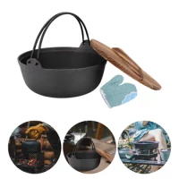 Cast Iron Hanging Pot Cookware Nonstick with Wooden Lid Camping Cooking Uncoated Shabu Nabemono with 1 Glove Cast Iron Stew Pot