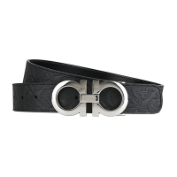 SALVATORE FERRAGAMO GANCINI金屬LOGO環扣圖案設計小牛皮雙面釦式皮帶(寬版/黑)