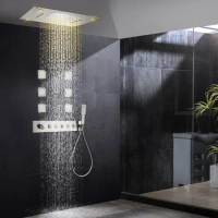 Bathroom Luxury Black Shower Faucet Mixer Valve Combo Set Wall Mounted Rainfall Shower Head System with Hand Shower and Body Jet