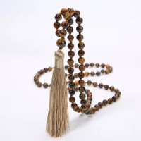 6mm Yellow Tiger Eye Mala Beads Necklace - Serene Meditation Aid with 108 Knotted Japa Mala Beads &amp; Dazzling Tassel Detail
